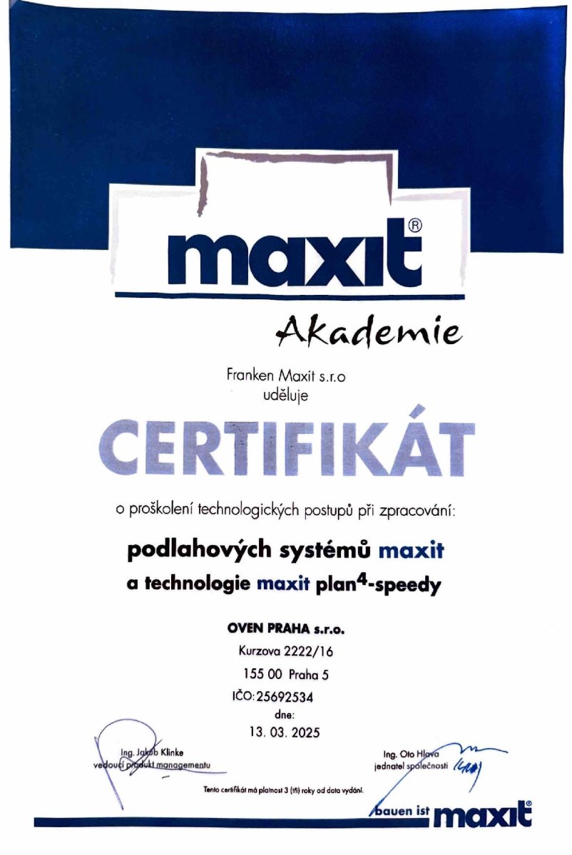 Certifikát Maxit - nivelační stěrka