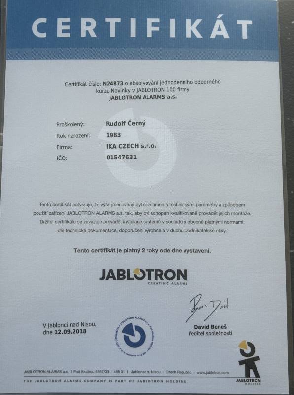 Certifikát Jablotron