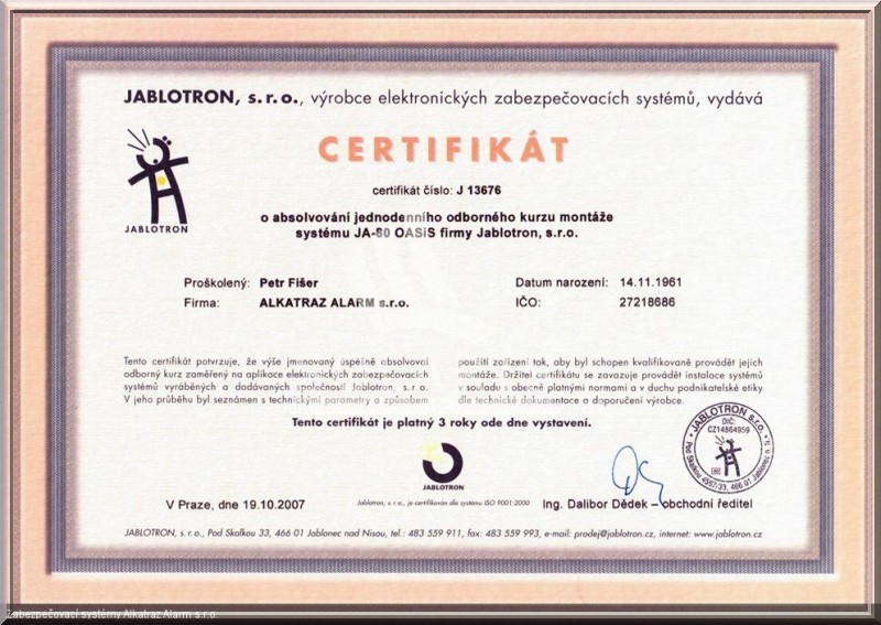 Certifikát Alkatraz Alarm s.r.o.