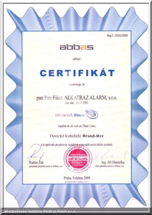 Certifikát Alkatraz Alarm s.r.o.