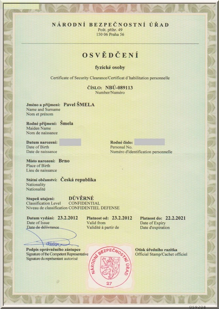 certifikát Šmela