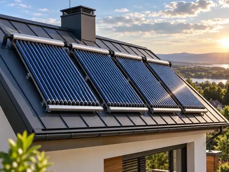 solární ohřev vody, vakuové trubicové kolektory na střeše rodinného domu