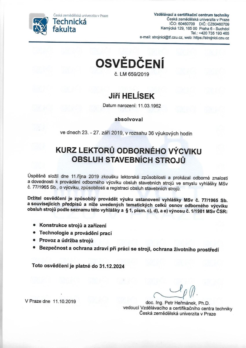 Certifikát Jiří Helísek - Technické prohlídky
