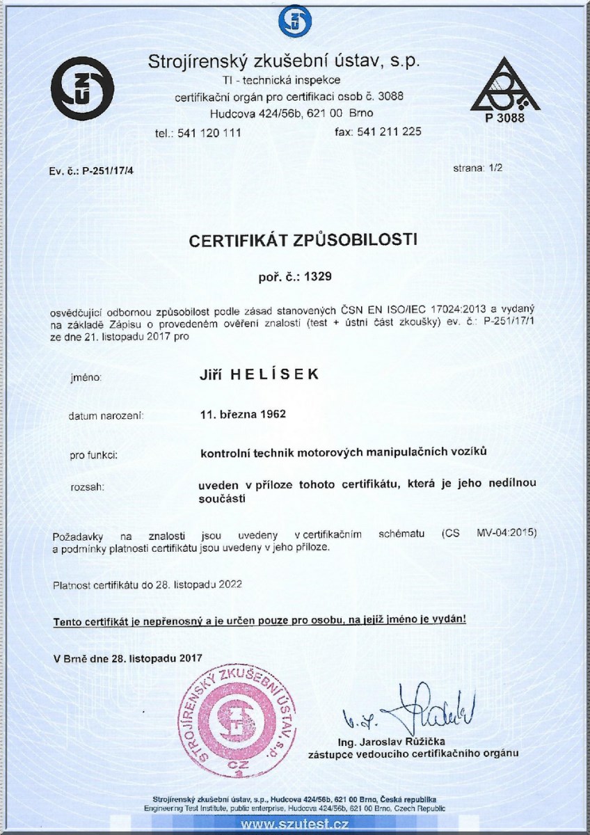 Certifikát Jiří Helísek - Školení řidičů