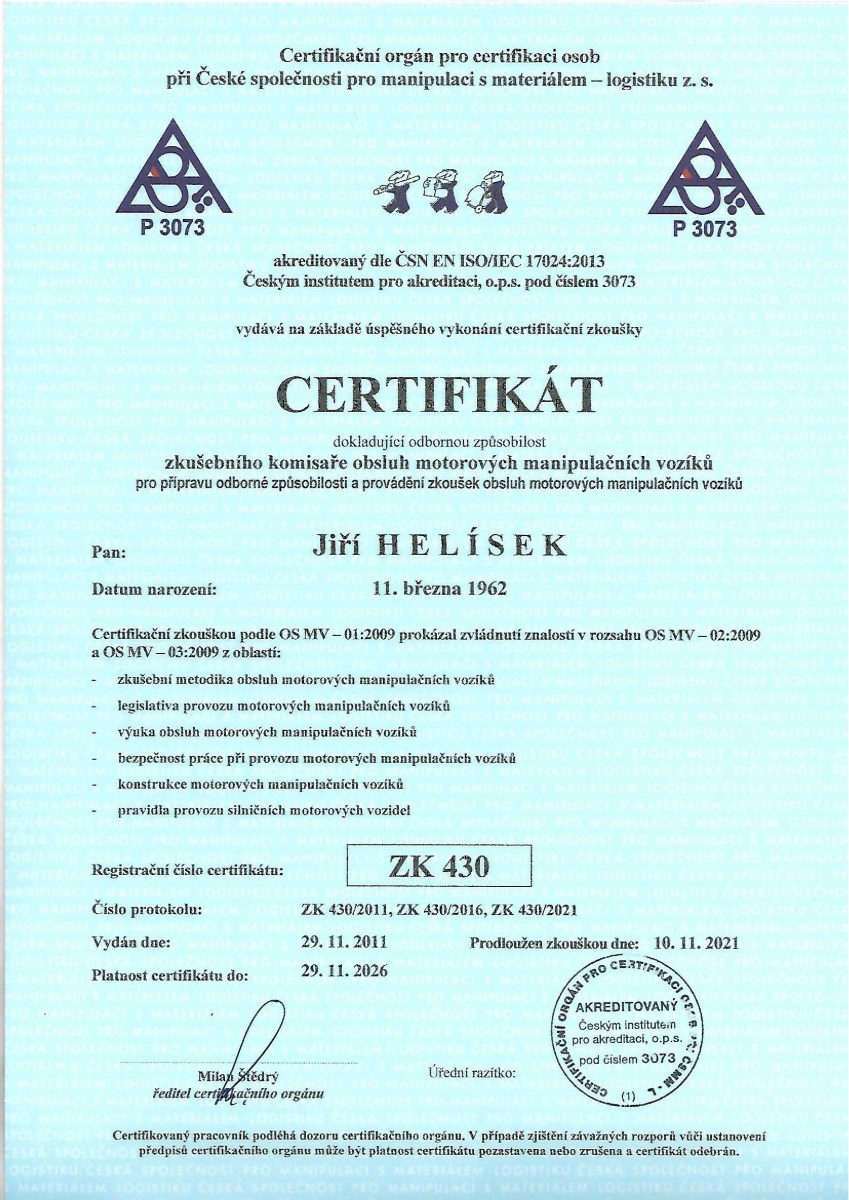 Certifikát Jiří Helísek - Revize plyn