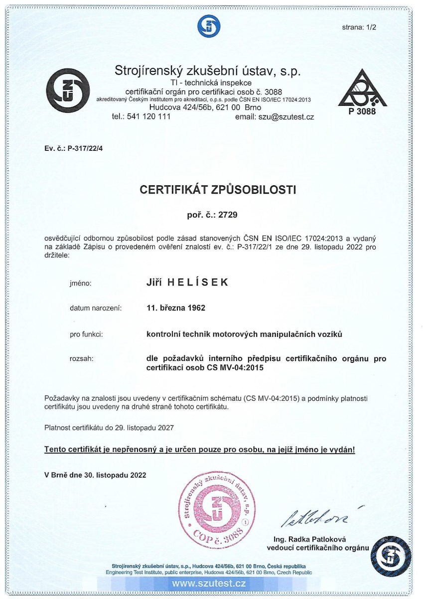 Certifikát Jiří Helísek - BOZP