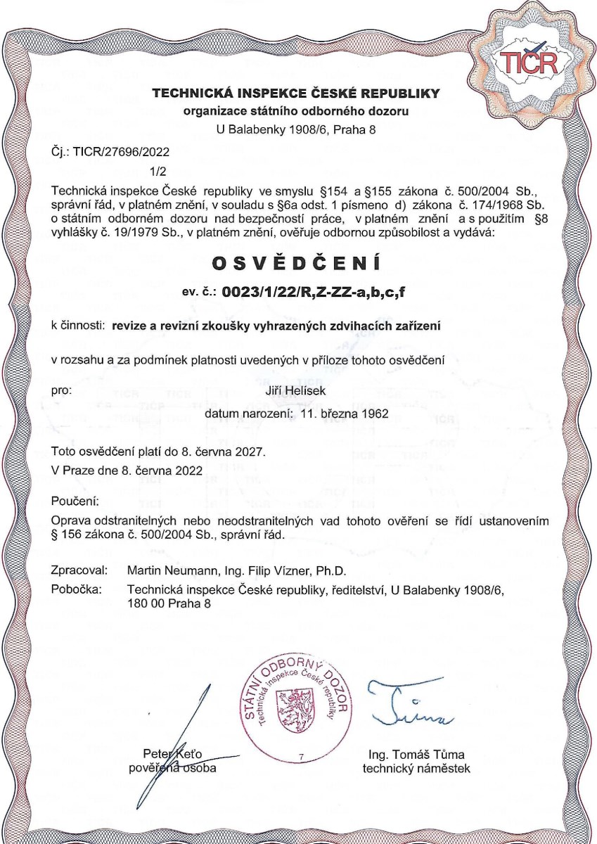 Certifikát Jiří Helísek - Oprávnění ITI