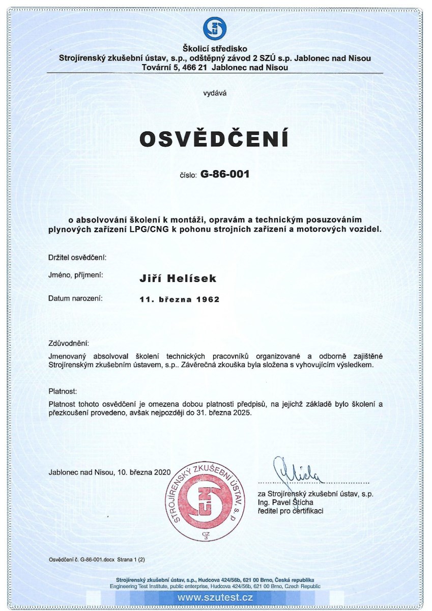 Certifikát Jiří Helísek - Vazačský průkaz