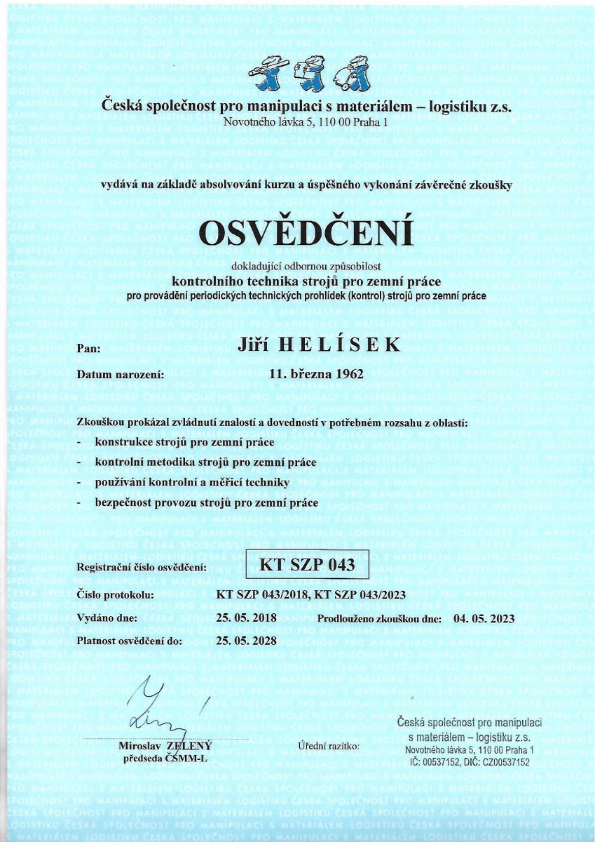Certifikát Jiří Helísek - Revize jeřábů