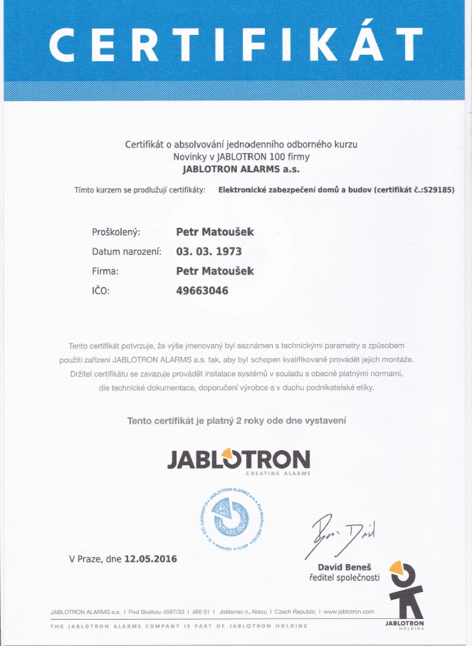 Certifikát Jablotron