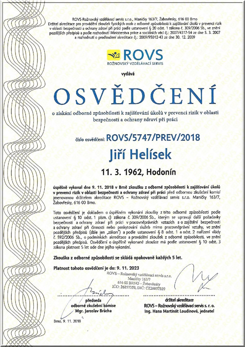 Certifikát Jiří Helísek - Stavební stroje